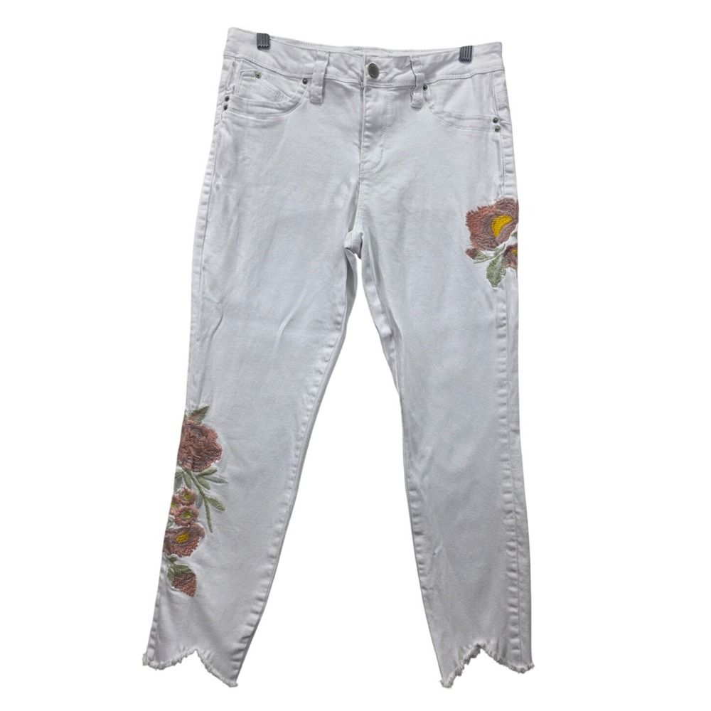 YMI WannaBettaButt White Floral Embroidered Mid Rise Raw Hem Jeans Juniors Sz 11